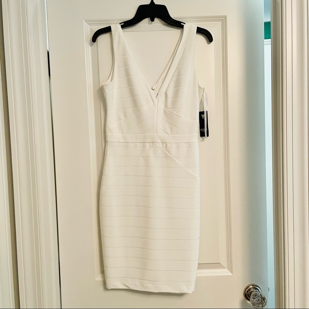 GUESS white v neck fitted dress